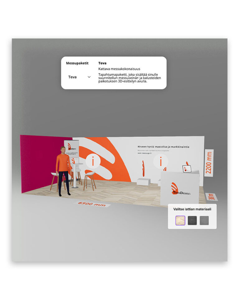Interaktiivinen messuosaston 3D-malli, teva design messuosastosuunnittelu