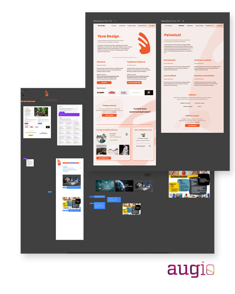 augio suunnittelee verkkosivuja, kuvassa figmapohja teva designin verkkosivuista työn alla