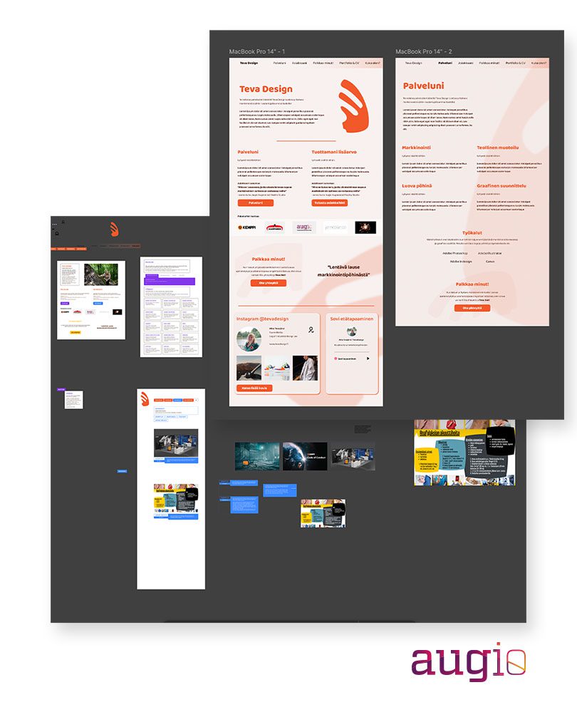 augio suunnittelee verkkosivuja, kuvassa figmapohja teva designin verkkosivuista työn alla